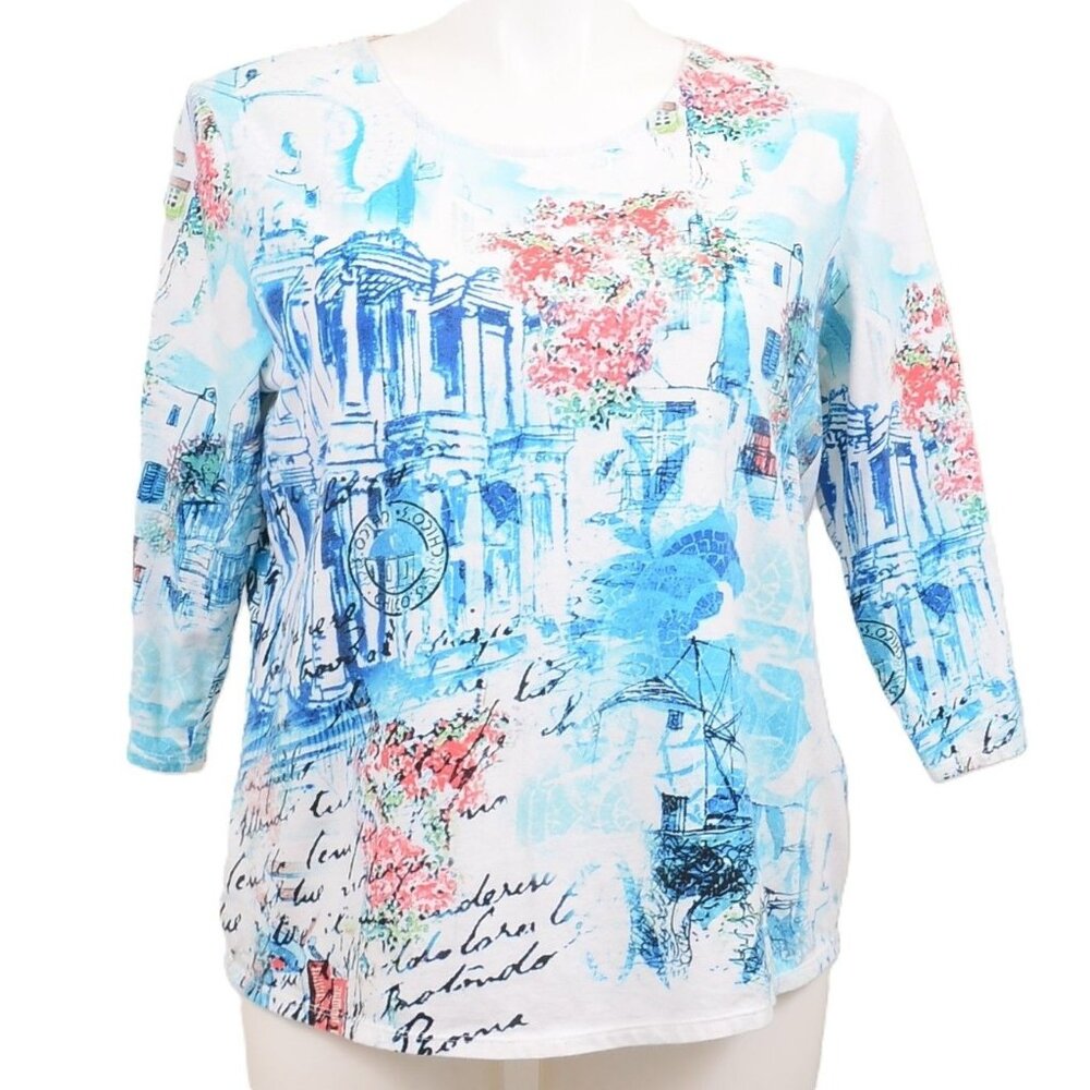 Chico's Size 3 (XL) Graphic Scenic 3/4 Sleeve Art-to-Wear Tee Travel T-Shirt Top